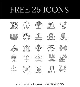 Un conjunto de iconos vectoriales de línea minimalistas que representan conceptos de red, computación en la nube y conexión de datos. Incluye símbolos para Internet, comunicación global, Wi-Fi, router, base de datos, almacenamiento en la nube, 