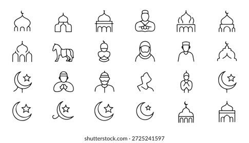 Satz von minimalistischen linearen Ikonen, die die islamische Kultur mit Moscheebauten, Stern- und Halbmondsymbolen darstellen