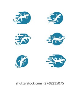 Set of minimalist lizard and gecko logo designs featuring stylized silhouettes with motion lines, ideal for modern branding, sports identity, or technology business icons.