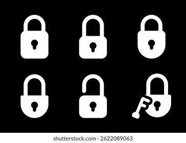 A set of minimalist lock and key icons in various black and white styles. Ideal for representing security, privacy, protection, or access control in app, user interfaces, websites, digital, etc.