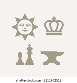 Set of minimalist logos, badges.Old fashioned medieval Illustration of sun, crown, chess, anvil. 