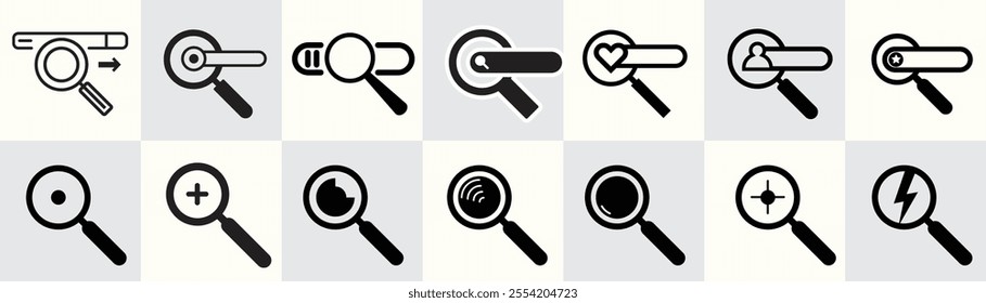 A set of minimalist magnifying glass icons with various symbols, including a plus, lightning bolt, heart, globe, and search bar, representing search and exploration themes.
