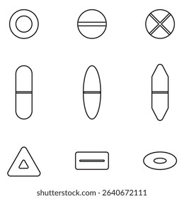 A set of minimalist medication icons, featuring pills, capsules, and tablets in simple black outlines. Ideal for health, pharmacy, and medical UI designs.
