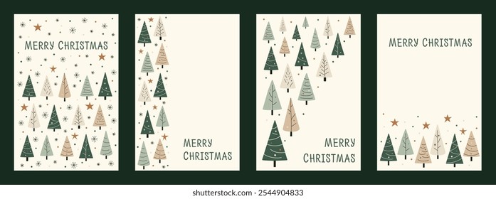 Set of Minimalist Merry Christmas Card with Simple Trees