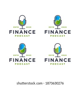 Set of minimalist microphone and financial charts, finance business podcast logo icon vector on white background