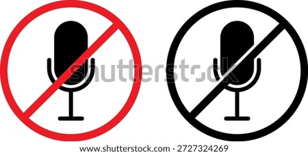 Set of Minimalist Microphone Mute Icons in Red and Black Prohibition Circle Styles for Privacy Alerts