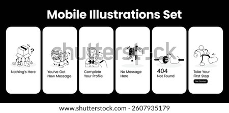 A set of minimalist mobile UI illustrations for onboarding and empty states, including 404 error, messages, profile completion, and get started screens. Perfect for app and web design. 