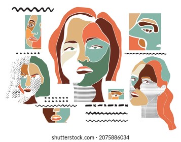 Set of minimalist modern portrait of beauty woman surreal line art, doodles, dots. Vector graphics 