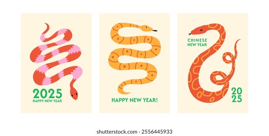 Set of minimalist modern posters for chinese lunar 2025 new year. Vector flat illustration of cute snakes.  Holiday greeting cards