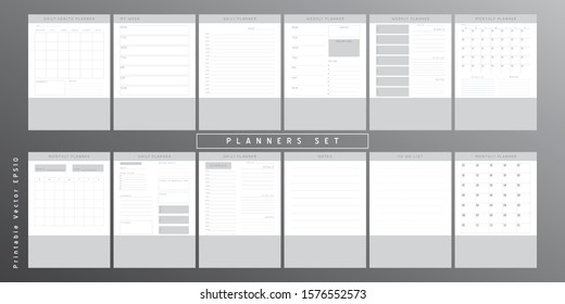 Set of minimalist monochrome abstract planners. Daily, weekly, monthly planner template. Blank printable vertical notebook page with space for notes and goals. 
Business organizer. Paper sheet size A4