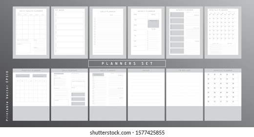 Set of minimalist monochrome abstract planners. Daily, weekly, monthly planner template. Blank printable vertical notebook page with space for notes and goals. 
Business organizer. Paper sheet size A4