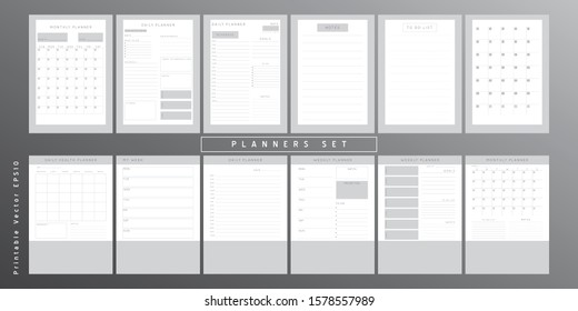 Set of minimalist monochrome abstract planners. Daily, weekly, monthly planner template. Blank printable vertical notebook page with space for notes and goals. 
Business organizer. Paper sheet size A4