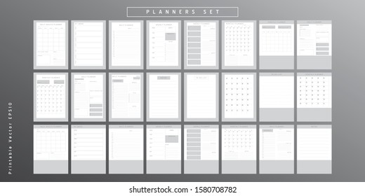 Set of minimalist monochrome abstract planners. Daily, weekly, monthly planner template. Blank printable vertical notebook page with space for notes and goals. 
Business organizer. Paper sheet size A4