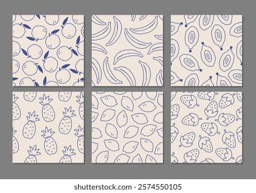 Set of minimalist monochrome line art style fruit seamless patterns