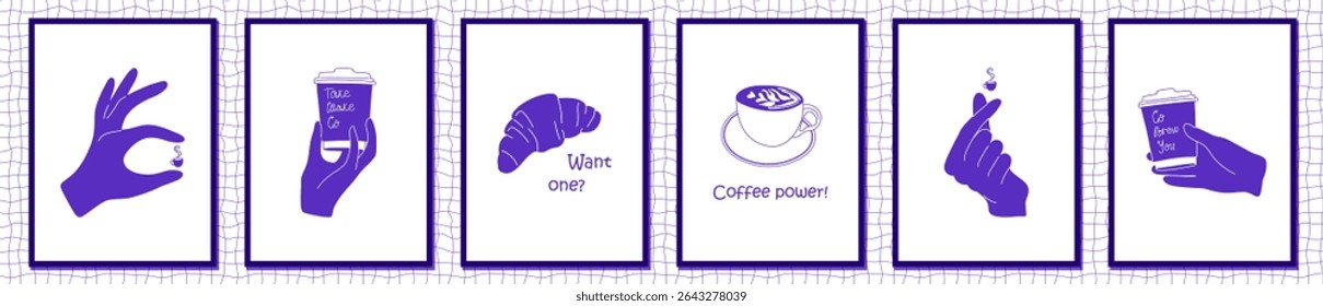  Set of minimalist monochrome posters with coffee, croissant, hands holding takeaway cups. Concept for coffee shop, bakery. Modern wall art prints for coffee lovers. Vector illustrations.
