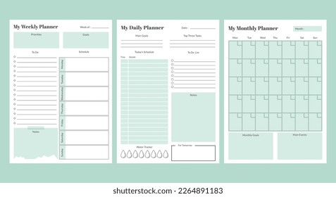 Set of minimalist monthly, weekly and daily planner templates. Printable A4 sheets. Vector illustration
