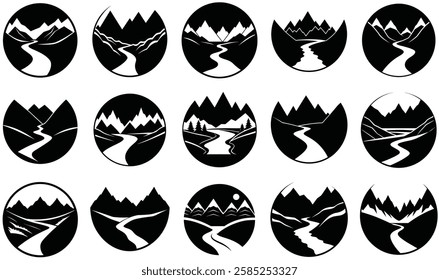 A set of minimalist mountain river illustrations, perfect for outdoor, nature-themed designs, landscapes, and adventure projects.