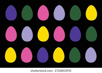 Set of minimalist multicolored eggs, Easter symbols, and a collection of decorative vector elements. A collection of colored eggs on a black background.