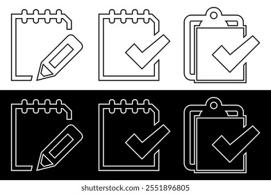 Conjunto de Ícones Minimalistas do Bloco de Anotações e da Área de Transferência com Lápis e Marcas de Seleção.