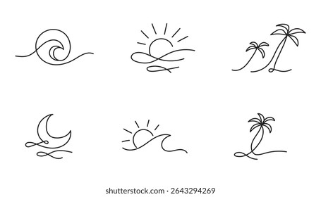Set of minimalist one line drawings of tropical elements: waves, sun, moon, and palm trees. Simple summer icons in continuous black line style