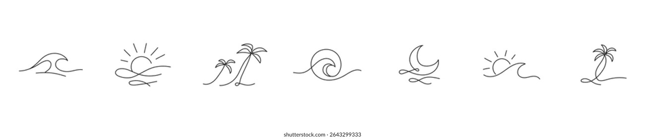 Set of minimalist one line drawings of tropical elements: waves, sun, moon, and palm trees. Simple summer icons in continuous black line style.