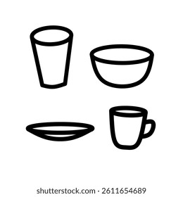 Set of minimalist outline icons of kitchenware including a glass, bowl, plate, and cup. Vector illustration in modern black line style, perfect for food packaging, and kitchen-themed graphics