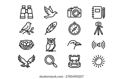 Set of minimalist outline icons representing bird watching hobby birding gear species identification avian behavior.