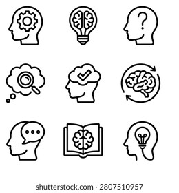 Set of Minimalist Outline Icons Representing Ideas, Thinking Processes, and Cognitive Functions