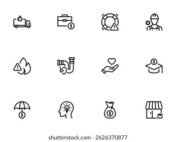 Set of minimalist outline symbols illustrating safety across diverse areas of life and business