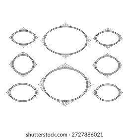 Set of minimalist oval frames with elegant line art borders, decorative geometric wreath labels for invitation design.