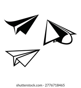 A set of minimalist paper airplane illustrations in black on a white background, perfect for design and communication concepts.