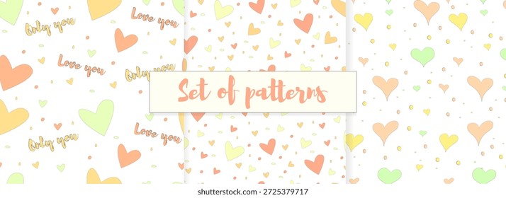 Un conjunto de patrones minimalistas con corazones en un estilo plano doodle. Plantillas para postales, volantes, empaques, telas, Sitios web, boletines y publicaciones en redes sociales.