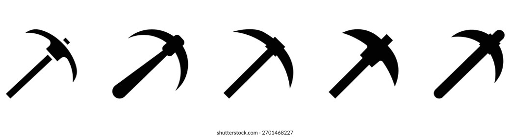 Set of minimalist pickaxe icons for mining. pickaxe mining tool icon on white background Black silhouette.  Pickaxe icons for construction themes. Vector illustration. 