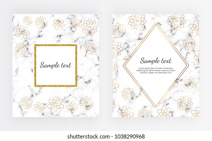 Set minimalist placard, white marble or stone texture with gold flowers. Template for design invitation, card, banner, wedding, baby shower, placard, poster, party, flyer 
