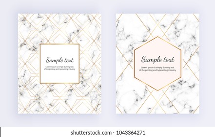 Set minimalist placard, white marble texture with gold line and frame. Place for your text. Template for design invitation, card, banner, wedding, baby shower, placard, poster, party, flyer 
