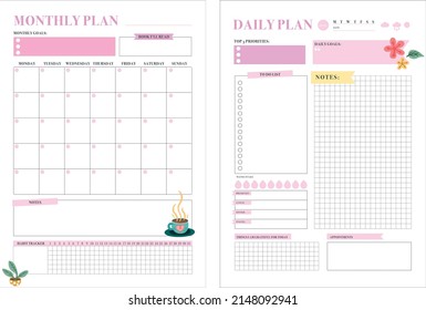 Set of minimalist planners. Daily and monthly planner template. Cute and simple printable to do list. Business organizer page. Paper sheet. Realistic vector illustration.