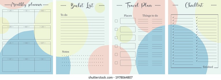 Set of minimalist planners. Daily, weekly, monthly planner template. Blank white notebook page isolated on grey. Business organizer page. Paper sheet. Realistic vector illustration.