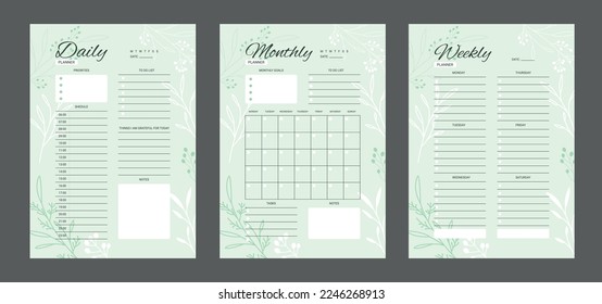 Set of minimalist planners. Daily, weekly, monthly planner template. Blank white notebook page isolated on grey. Business organizer page.  Blank printable vertical notebook page