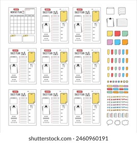 Conjunto de planificadores minimalistas. Plantilla diaria, semanal, mensual del planificador. Lindo y simple lista de tareas imprimibles. Página del organizador de negocios. Nota, lista de tareas, contenido de la lista de comidas diarias. Conjunto de pegatinas múltiples.