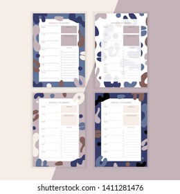 Set of minimalist planners. Weekly planner template. Blank white notebook page with feminine fluid shapes texture. 
Business organizer page. Paper sheet.