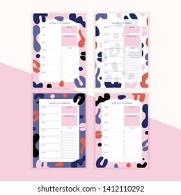 Set of minimalist planners. Weekly planner template. Blank white notebook page with feminine fluid shapes texture. 
Business organizer page. Paper sheet.