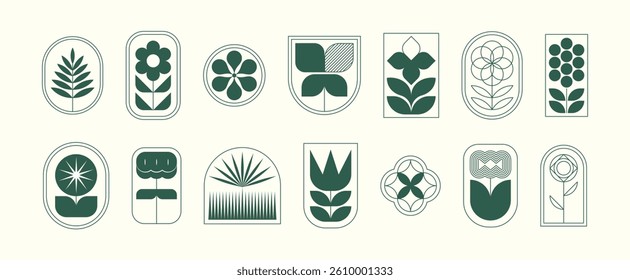 Set of minimalist plant and flower logos. Botanical emblems and symbols. Various floral vector illustrations in geometric style.