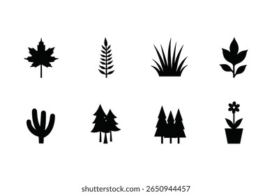 Set of Minimalist Plant and Tree Silhouettes for Digital Illustrations, High Quality Black Plant and Tree Icons for Creative Artwork