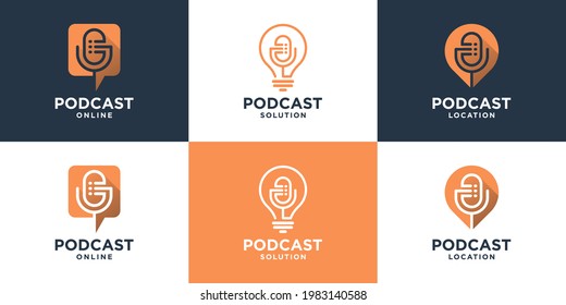 Set Of Minimalist Podcast With Line Art Style. Creative Microphone Logo Design Ready To Use.