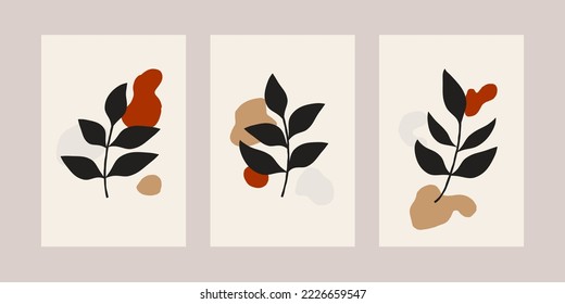 Set of minimalist poster design botanical leaf branch abstract collage bohemian aesthetic boho art prints mid century modern wall art