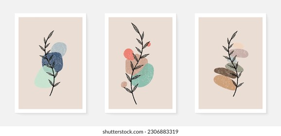 Set of minimalist poster design botanical leaf branch abstract collage