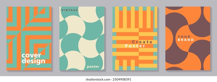 Conjunto de diseños de póster minimalistas para portada, póster, diseño de interiores. Pósters con Formas geométricas de colores pastel en tonos de naranja, verde azulado y marrón. Ilustración retro.