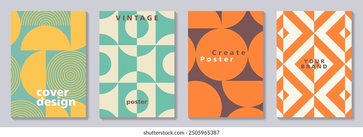 Set of minimalist poster designs for cover, poster, interior design. Posters with pastel color geometric shapes in shades of orange, teal, and brown. Retro illustration.