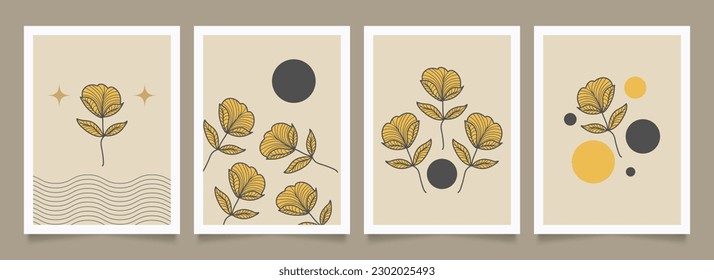 Set of Minimalist Poster with Hand Drawn Flowers. Floral Art Design for Wallpaper, Cover, Print, and More