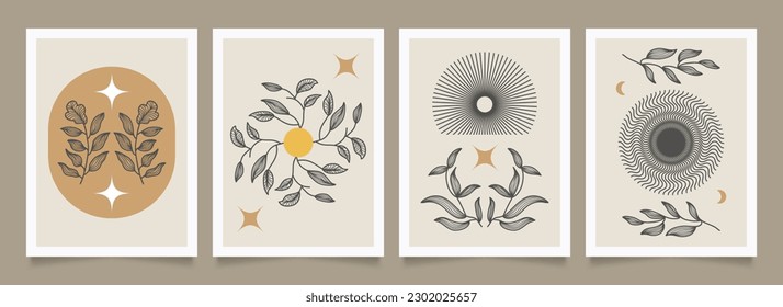 Set of Minimalist Poster with Hand Drawn Flowers. Floral Art Design for Wallpaper, Cover, Print, and More
